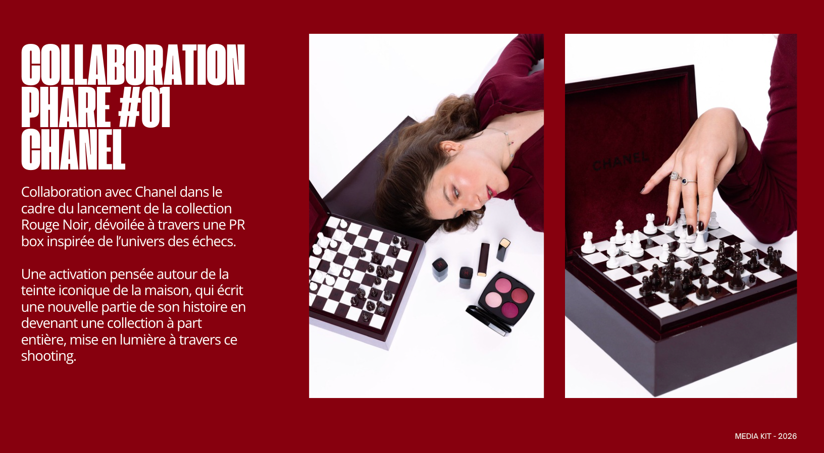 Collaboration Chanel autour de la collection Rouge Noir, mise en scène sur un échiquier